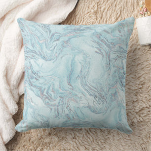 Blue Aqua Zilver Marmer Swirls Kussen