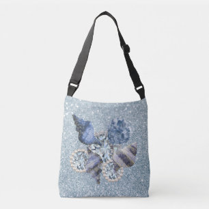 Blue Aquamarine Seashells & Jewels Faux Glitter Crossbody Tas