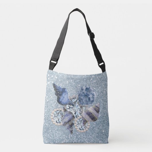 Blue Aquamarine Seashells & Jewels Faux Glitter Crossbody Tas (Voorkant)