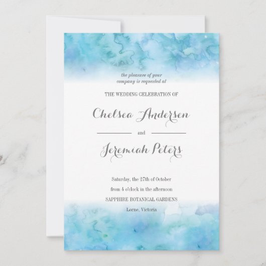 Blue Aquamarine Waterverf Wedding Invitation Kaart (Voorkant)