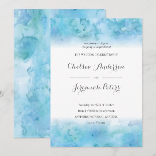 Blue Aquamarine Waterverf Wedding Invitation Kaart (Voorkant / Achterkant)