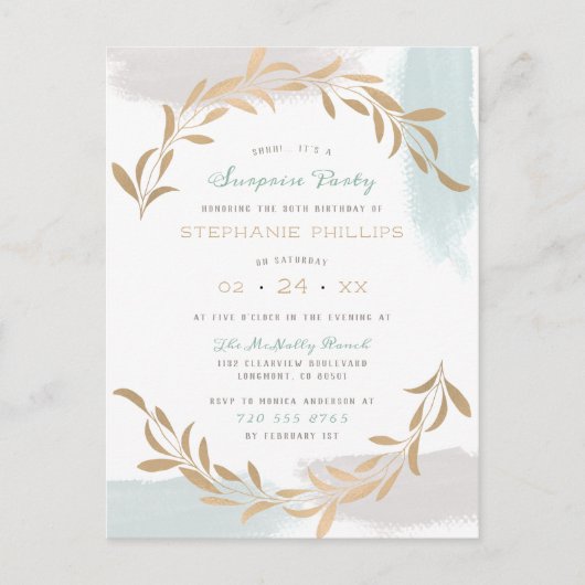 Blue Aquarelle Brushed Minimalist Surprise Party Uitnodiging Briefkaart (Voorkant)