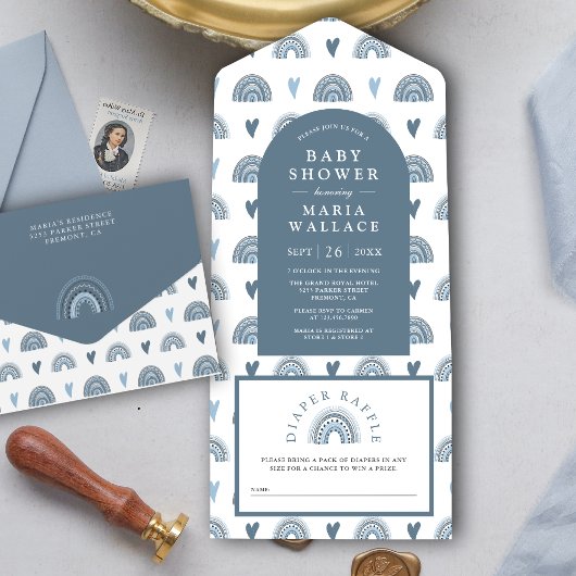 Blue Arch Boho Rainbow Baby shower All In One Uitnodiging