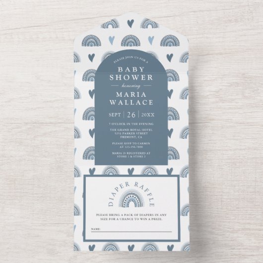 Blue Arch Boho Rainbow Baby shower All In One Uitnodiging (Binnen)