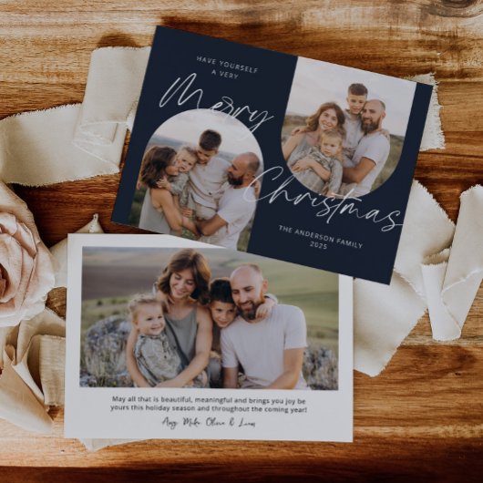 Blue Arch Foto's Modern Elegant Script Kerstmis Feestdagenkaart