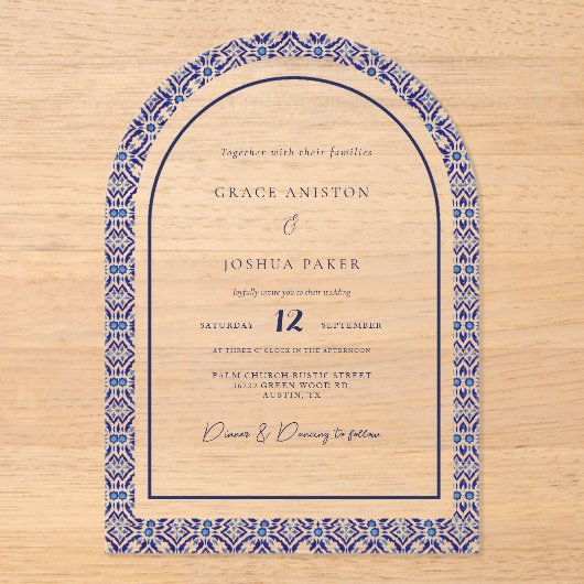Blue Arch Mexicaanse Talavera Spaanse bruiloft Acryl Uitnodigingen (Voorkant)