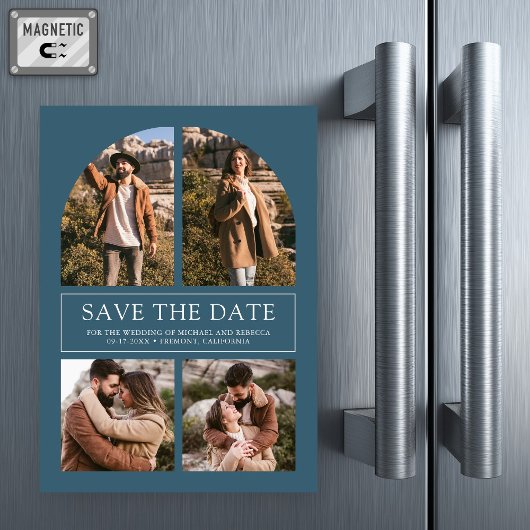 Blue Arch Photo Collage Wedding Save the Date Magnetische Uitnodiging