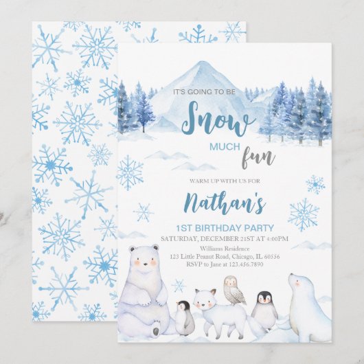 Blue Arctic Animals Birthday Invitation Kaart (Voorkant / Achterkant)