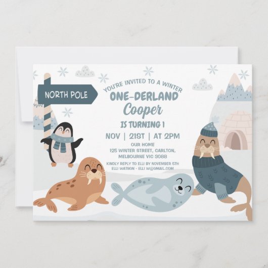 Blue Arctic Animals Winter Onederland 1e verjaarda Kaart (Voorkant)