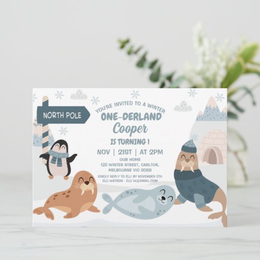 Blue Arctic Animals Winter Onederland 1e verjaarda Kaart (Staand voorkant)