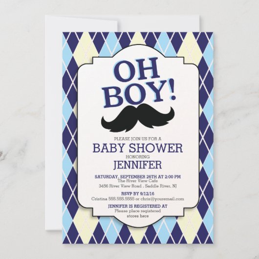 Blue Argyle OH JONGENSsnor Baby shower Kaart (Voorkant)