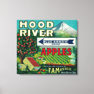 Blue Arrow Apple Crate LabelHood River, OF Canvas Afdruk