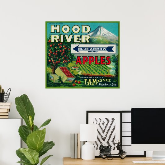 Blue Arrow Apple Crate LabelHood River, OF Poster (Thuiskantoor)