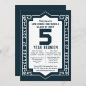 Blue Art Deco 5 Year High School Class Reunion Kaart (Voorkant / Achterkant)