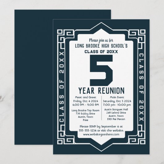 Blue Art Deco 5 Year High School Class Reunion Kaart (Voorkant / Achterkant)
