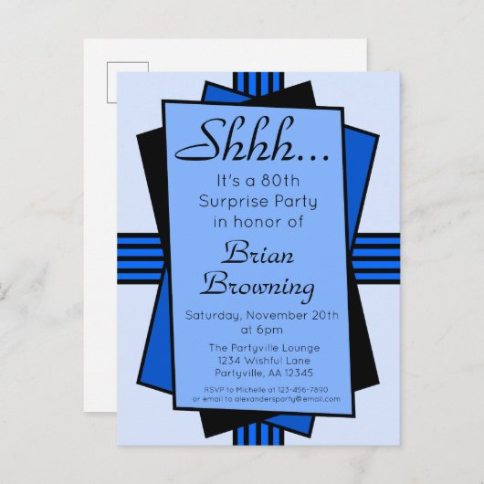 Blue Art Deco 80th Surprise Party Birthday Uitnodiging Briefkaart (Voorkant / Achterkant)