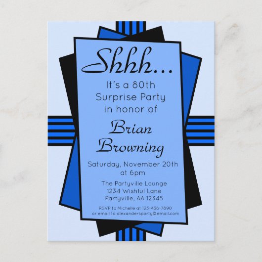 Blue Art Deco 80th Surprise Party Birthday Uitnodiging Briefkaart (Voorkant)