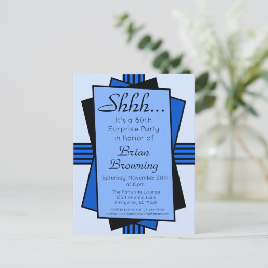 Blue Art Deco 80th Surprise Party Birthday Uitnodiging Briefkaart (Staand voorkant)