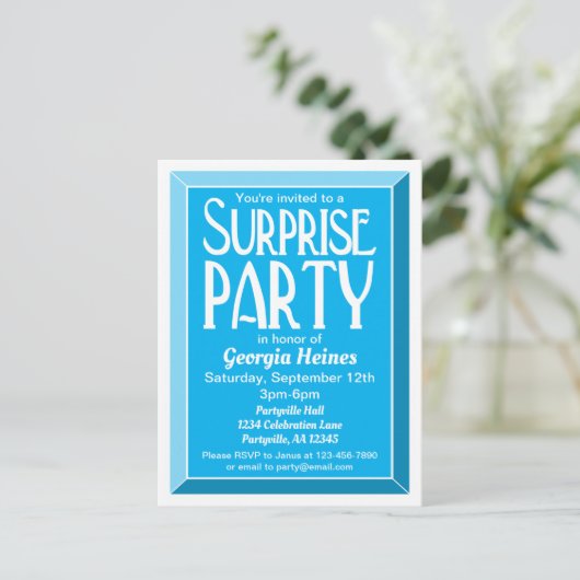 Blue Art Deco Beveled Birthday Surprise Party Uitnodiging Briefkaart (Staand voorkant)