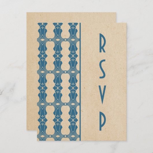 Blue Art Deco Border RSVP Briefkaart (Voorkant / Achterkant)