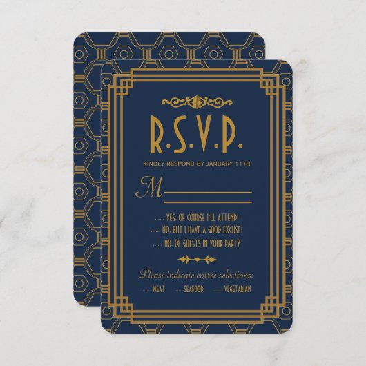 Blue Art Deco Bruiloft RSVP Kaarten (Voorkant / Achterkant)