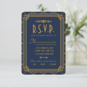 Blue Art Deco Bruiloft RSVP Kaarten (Staand voorkant)