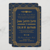 Blue Art Deco Bruiloft uitnodigingen (Voorkant / Achterkant)