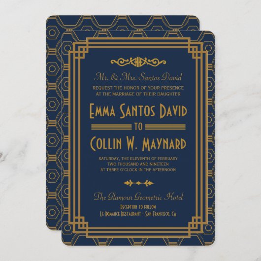 Blue Art Deco Bruiloft uitnodigingen (Voorkant / Achterkant)