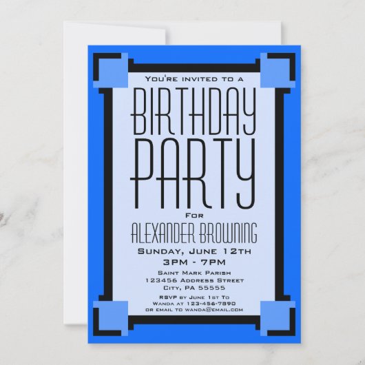 Blue Art Deco Geometric Birthday Party Invitation (Voorkant)