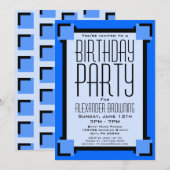 Blue Art Deco Geometric Birthday Party Invitation (Voorkant / Achterkant)