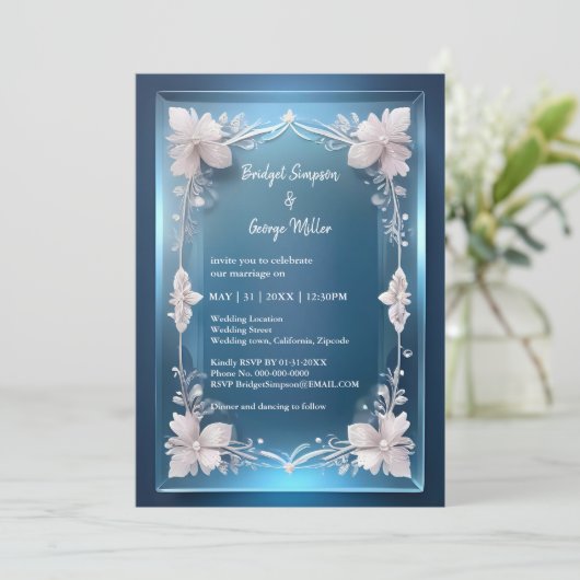 Blue Art Deco lijst bruiloft uitnodigen (Staand voorkant)