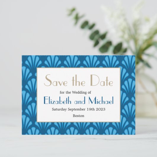 Blue Art Deco Modern Elegant Save the Date (Staand voorkant)
