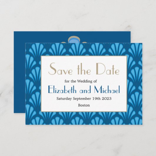 Blue Art Deco Modern Elegant Save the Date (Voorkant / Achterkant)
