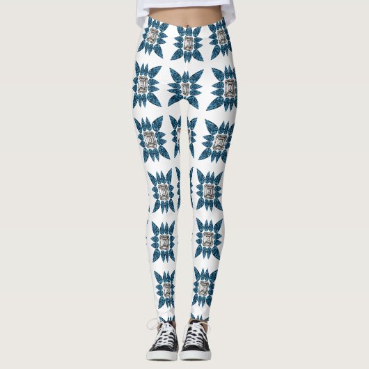 Blue Art Deco Patroon Leggings (Voorkant)