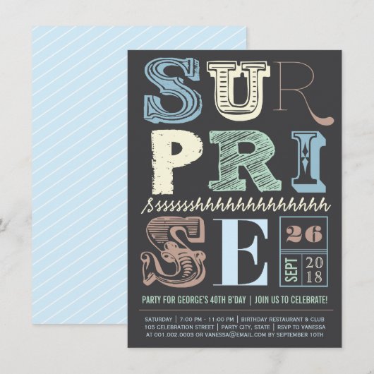 Blue Art Deco Surprise Party Adult Birthday Invite Kaart (Voorkant / Achterkant)
