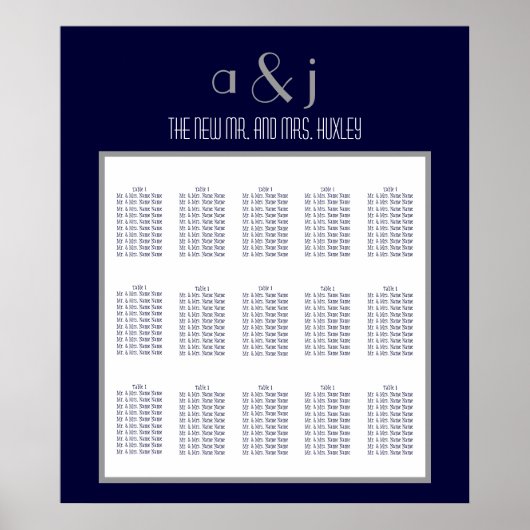 Blue Art Deco Wedding Seating Chart 150 Poster (Voorkant)