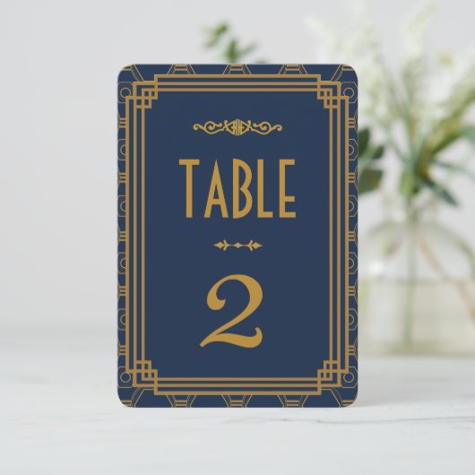 Blue Art Deco Wedding Table Numbers Kaart (Staand voorkant)