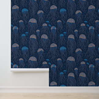 Blue Art Nouveau Jellyfish Zee Levenspatroon Behang