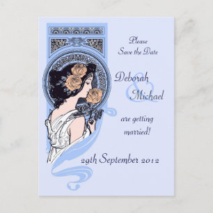 Blue art nouveau Save the Date briefkaart