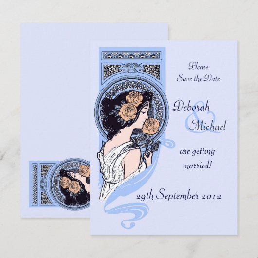 Blue art nouveau Save the Date briefkaart (Voorkant / Achterkant)
