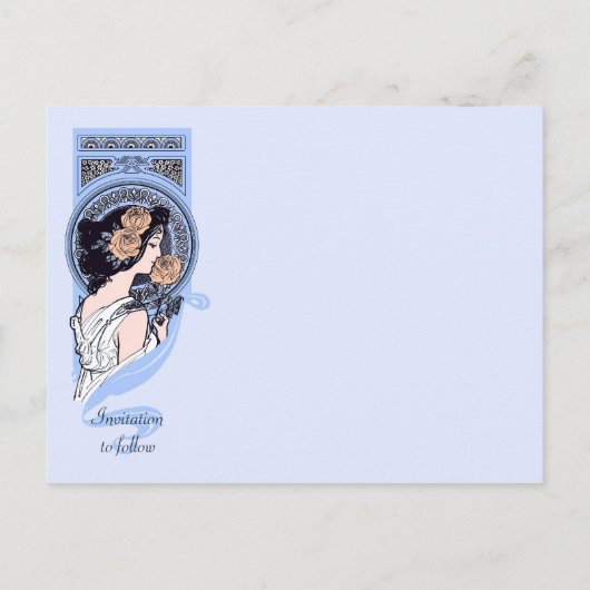 Blue art nouveau Save the Date briefkaart (Achterkant)