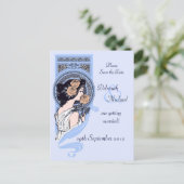Blue art nouveau Save the Date briefkaart (Staand voorkant)