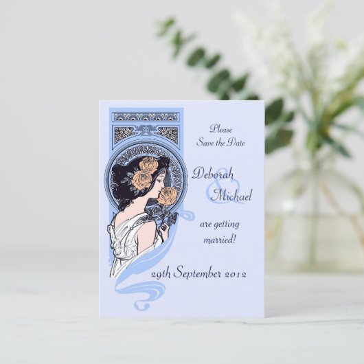 Blue art nouveau Save the Date briefkaart (Staand voorkant)
