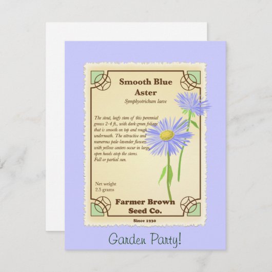 Blue Aster Seed Packet Kaart (Voorkant / Achterkant)