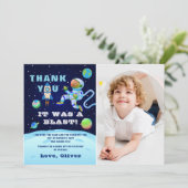 Blue Astronaut Buitenspace Birthday Foto Bedankkaart (Staand voorkant)