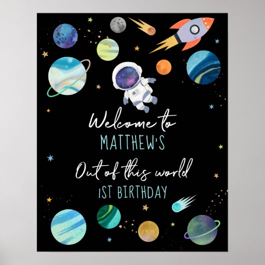 Blue Astronaut Buitenspace Birthday Welkom Poster (Voorkant)