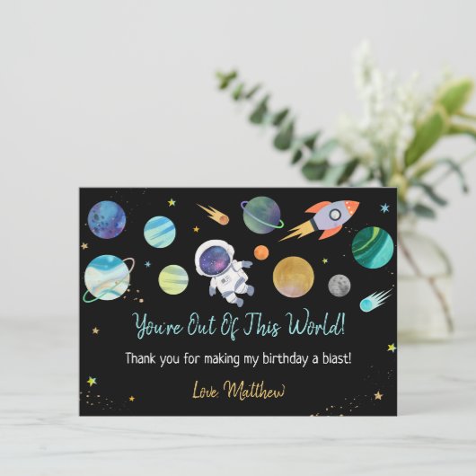 Blue Astronaut Buitenspace First Birthday Bedankkaart (Staand voorkant)