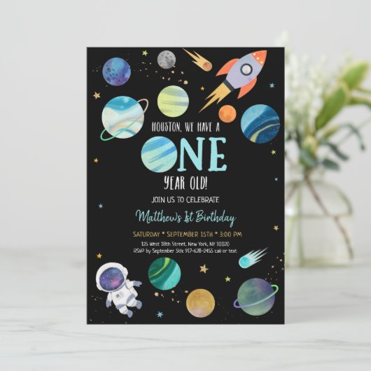 Blue Astronaut Buitenspace First Birthday Kaart (Staand voorkant)