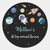 Blue Astronaut Buitenspace First Birthday Ronde Sticker (Voorkant)