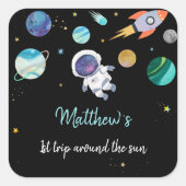 Blue Astronaut Buitenspace First Birthday Vierkante Sticker (Voorkant)